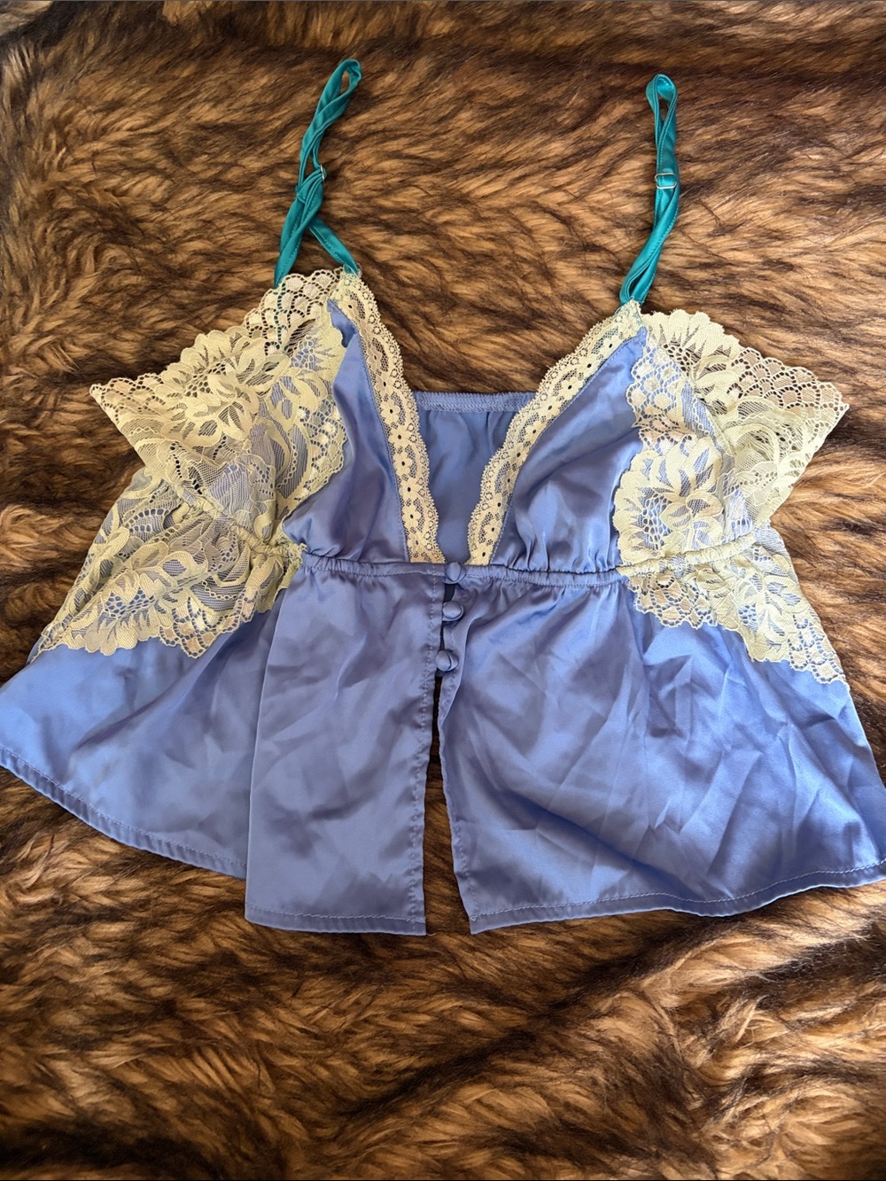 Satin Lace-Trim Chemise in Blue with Cream Accents Size Small